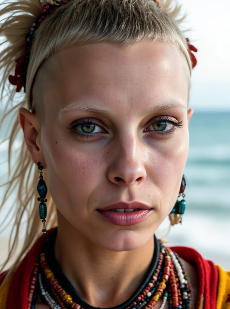 close-up portrait photo of a face of a woman cool with a cool expression, she is wearing a Maasai warrior's traditional attire with a bright red shuka, intricate beadwork, and a lion's mane headdress, symbolizing strength and heritage at a sleek, minimalist hotel room overlooking the ocean, where the clean lines of the modern decor contrast with the intense, passionate encounter between two strangers, the rhythmic sound of the waves providing a steady, hypnotic backdrop to their connection. <lora:yolandilora:1.2> yol4ndi