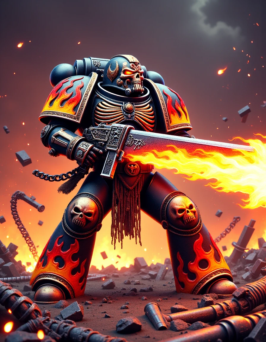 Show a single Marine with a chainsword mid-swing, flames trailing from the blade as he slices through a massive enemy. His armor is glowing with flames and skeletal motifs, and his eyes burn with inner fire. The battlefield is littered with burning wreckage and twisted metal. Use a high-detail close-up with motion blur, depicted in a retro-style video game pixel art with sharp, blocky graphics and bright, bold colors to capture the intensity of the moment.