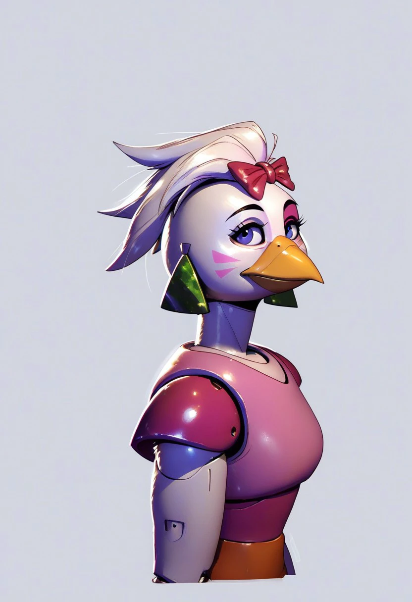 score_9, score_8_up, score_7_up, (blank background), Glamrock Chica, Anthro, avian, robot, side view