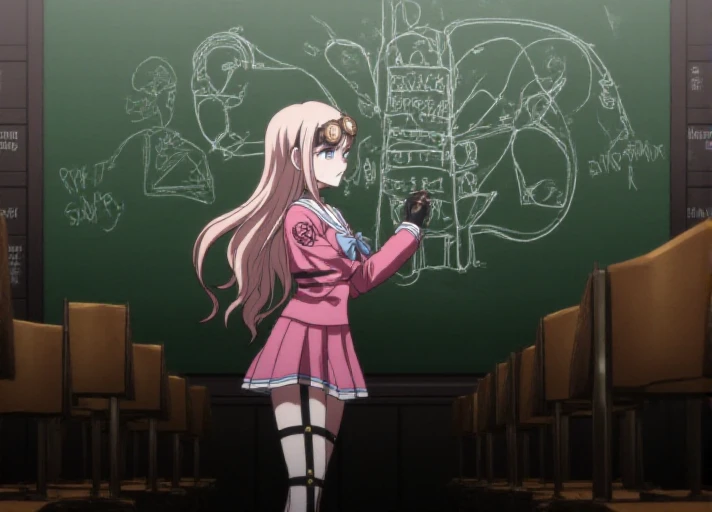 solo, <lora:Miu_Iruma_Flux_r1:1.1>,  anime.    The image is a screencap from the anime Danganronpa The Animation.        Miu Iruma wearing her uniform from Danganronpa V3. Miu Iruma has waist-length strawberry blonde hair that flows in waves around her back, with two short locks of hair sticking up at the top of her head, sweeping to her right. Her bangs are long and wispy, swept somewhat to her left. She has ice-blue eyes. Her head accessories consist of a pair of brown goggles with gold accents. Miu wears a modified, long-sleeved, dark pink seifuku uniform with a white sailor collar and sleeve cuffs, both striped with a single faded pale blue line, a faded pale blue bow tied at her collar. Her chest cover is noticeably missing, her cleavage exposed. A crest can be found in black printed at the shoulders of her sleeves. She wears a short, dark pink pleated skirt the same color as her uniform, vertically striped off-white knee-high socks, and black heeled boots accented with gold buckles, studs, and buttons. Her accessories include a black choker, two rubber collars that resemble barbed wire, black fingerless gloves studded with silver, a pin of the mouse mascot from Niko Niko Happy on her collar, black straps connected with gold studs wrapping her left upper arm, and black straps studded with gold linked with gold rings around her torso and legs. Her long black boots reach nearly up to her knees.       Miu Iruma is in a haunted, old-fashioned classroom**, standing at the chalkboard and drawing a complex diagram of a mechanical ghost. The room is filled with antique desks and chairs, and the walls are covered in eerie drawings and messages. Behind her, a spectral figure watches from the doorway.