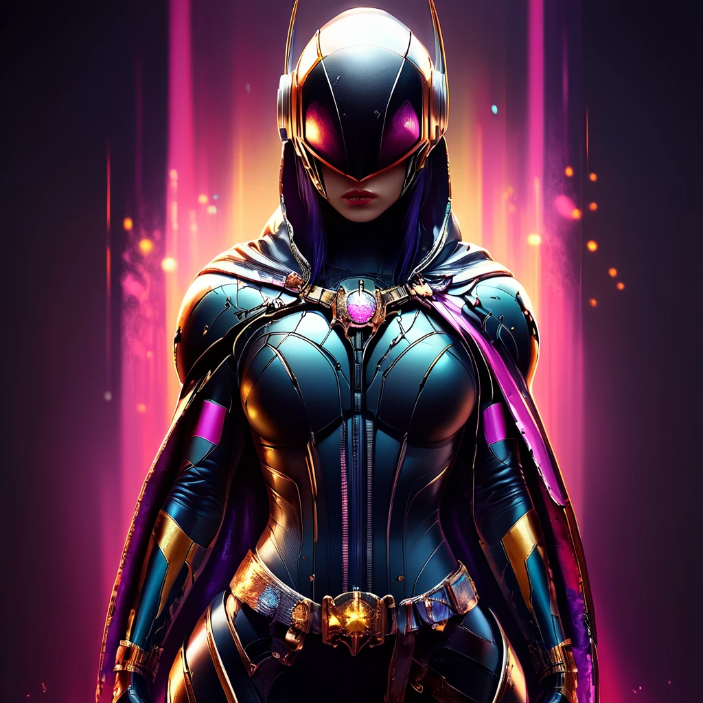 core_9, score_8_up, score_7_up,  <lora:NeonFantasyPony:1> ArsFriends, The image is a digital illustration of a female superhero. She is wearing a black and gold suit with a helmet that has a futuristic design. The helmet has two large horns on either side and a red and yellow light emanating from the center. The background is dark with pink and purple splashes of light. The superhero is standing with her arms crossed and her head tilted slightly to the side. She has a fierce expression on her face. The overall mood of the image is intense and powerful., 1girl, solo, cape, breasts, bodysuit, weapon, belt, medium breasts, gloves, cowboy shot