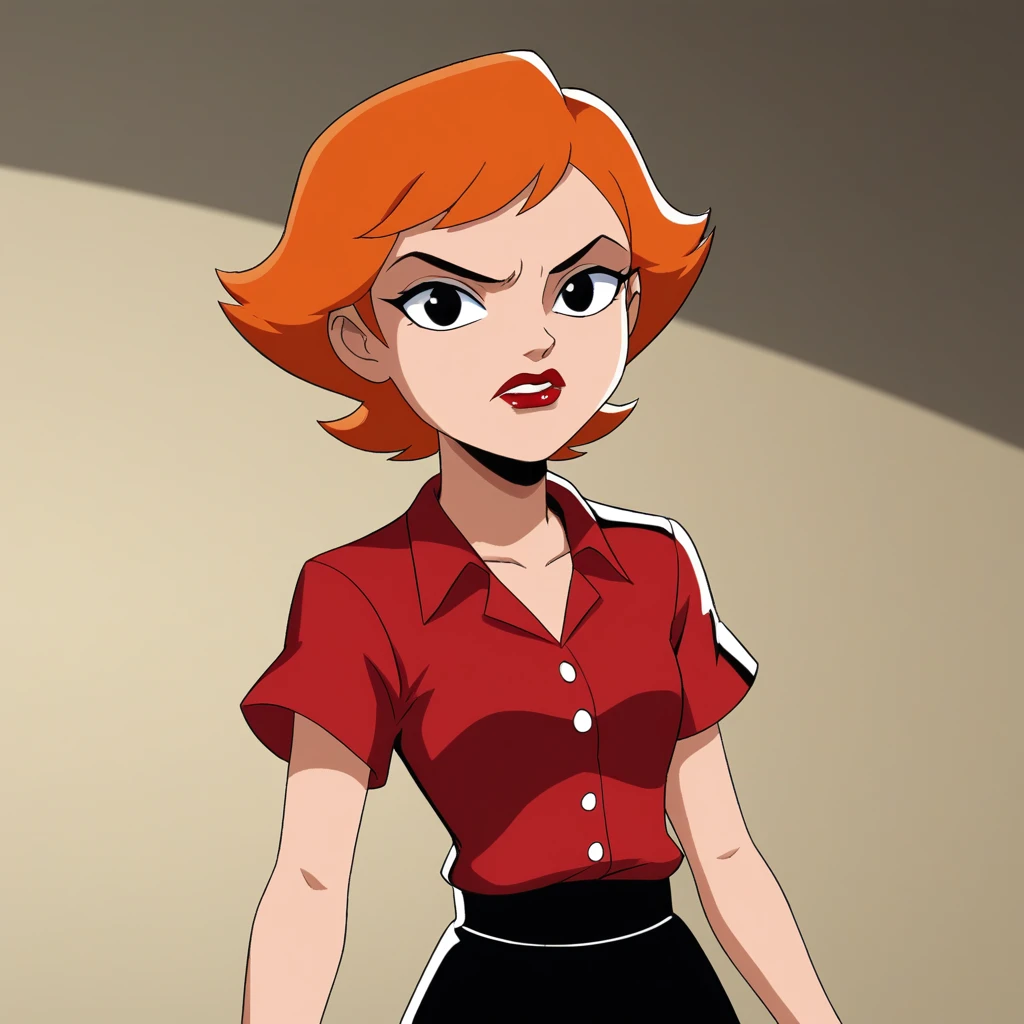 score_9_up, score_8_up, BREAK, TAspiez, 1girl, solo, orange  hair, short hair, black eyes, lipstick, red shirt, black skirt, cowboy shot, <lora:The_amazing_spiez_Style_PXL_Leaf2:1>,  comic background,