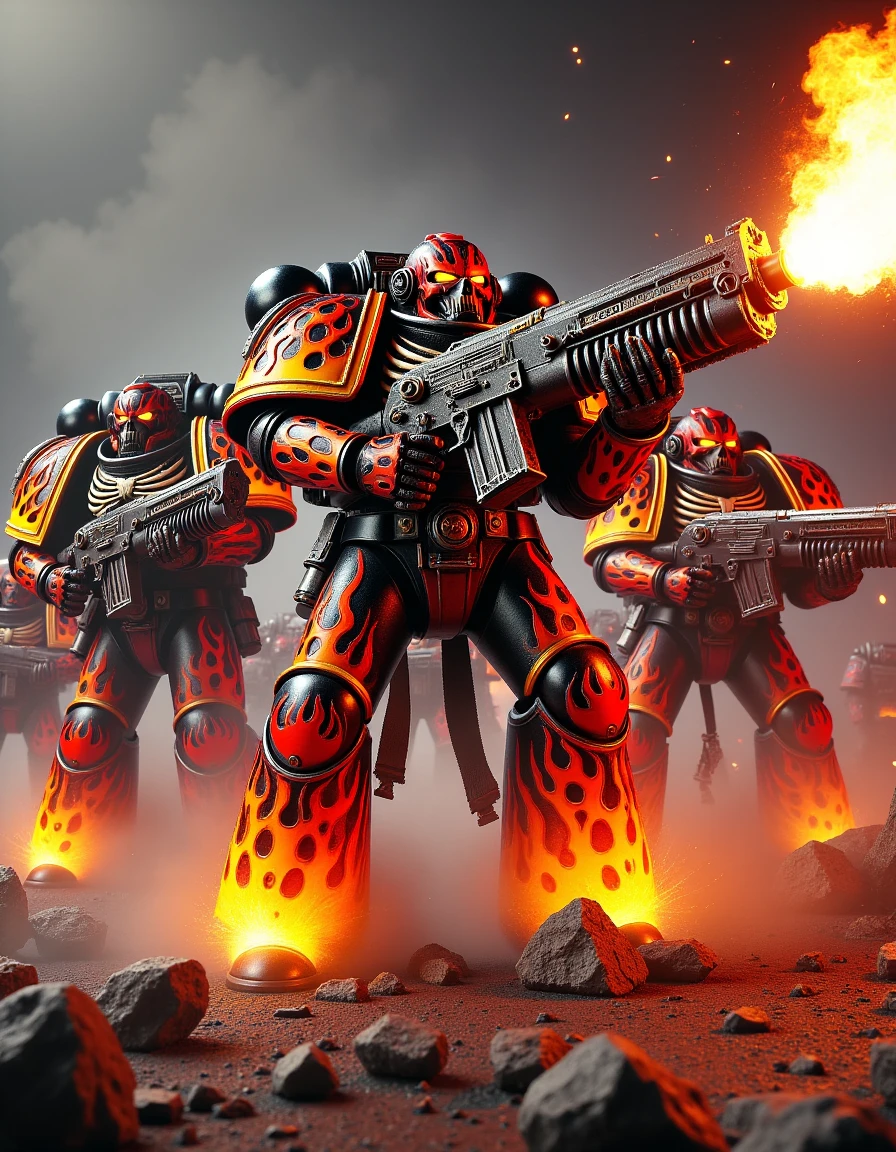 Show four Space Marines standing in formation, their glowing eyes locked on an unseen enemy. Their armor is covered in a mix of hotrod flames and skeletal designs. One Marine holds a massive flamethrower, flames roaring out of the weapon and lighting up the battlefield. Smoke rises from the burning ground. Render this with high-contrast, fiery lighting where the flames cast an intense glow across their armor, deepening the shadows.