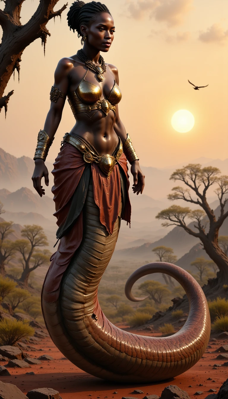 <lora:NagaFlux:1>a naga is a snake-like humanoid creature. An image of a Basotho woman naga, in a location that can be described with the keywords scenery, outdoors, tree, bird, mountain, nature, sunset, weapon, signature, ambiguous gender, landscape, sky, bare tree, orange sky, forest, solo, 1boy, rock, Sports game watching, fullbody view