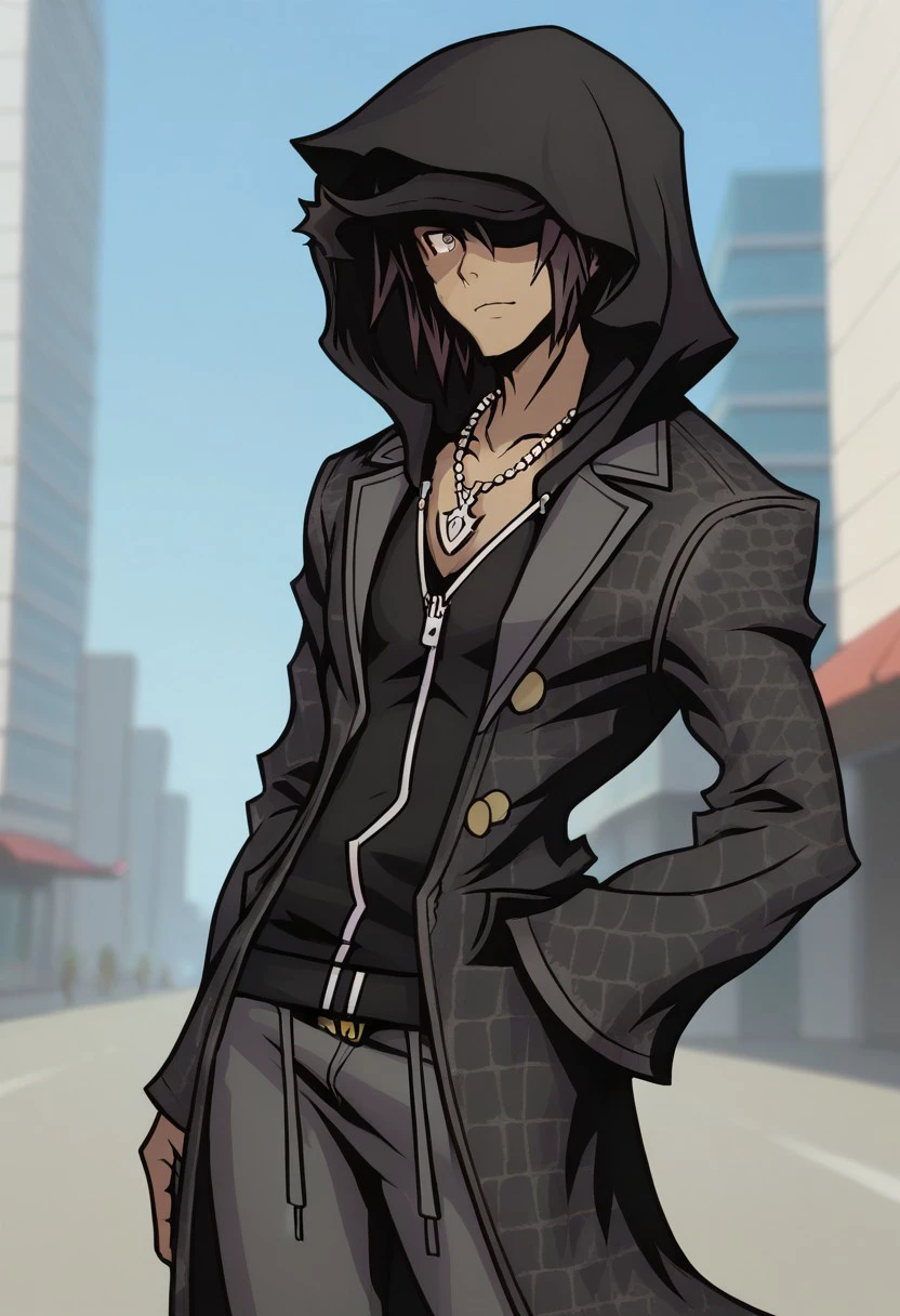 score_9, score_8_up, score_7_up, source_anime, highly detailed, 
minamoto, 1boy, solo, male focus, jewelry, hood, necklace, hand in pocket,
pants, hood up, dark skin, jacket, standing, zipper, bracelet, black hair, coat, dark-skinned male,
black jacket, black coat, belt, upper body,
outdoor, street, building, sky