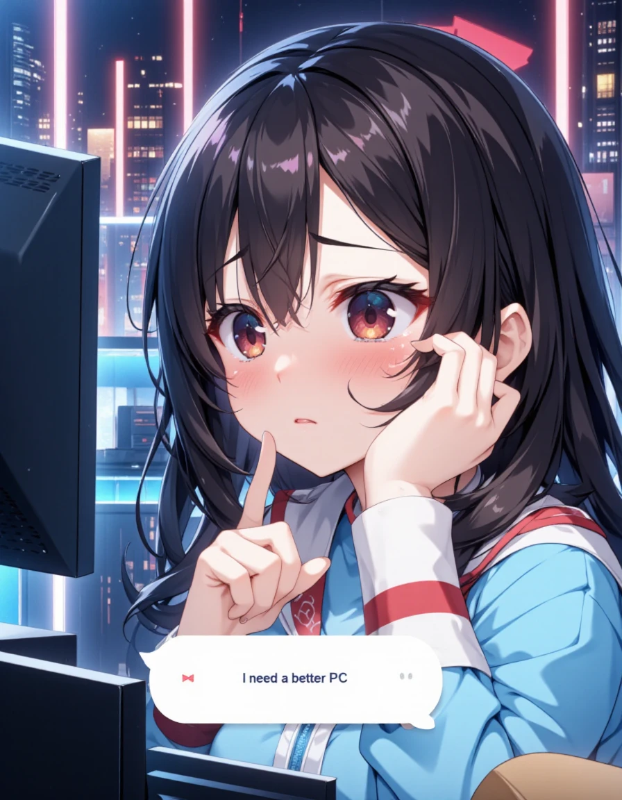 anime style, a girl crying with a chat box:"I need a better PC"