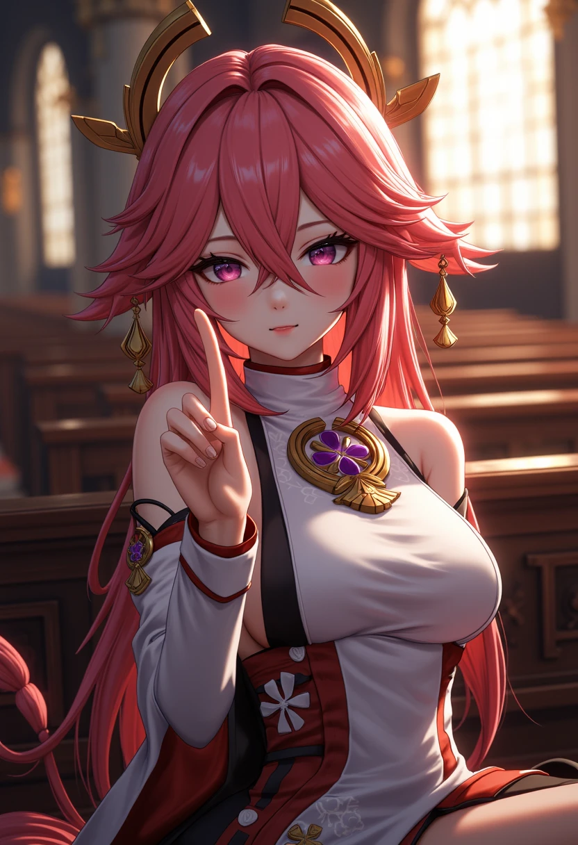 close portrait of an anime woman sitting in the church, showing victory sign with her finger, cinematic lighting and composition