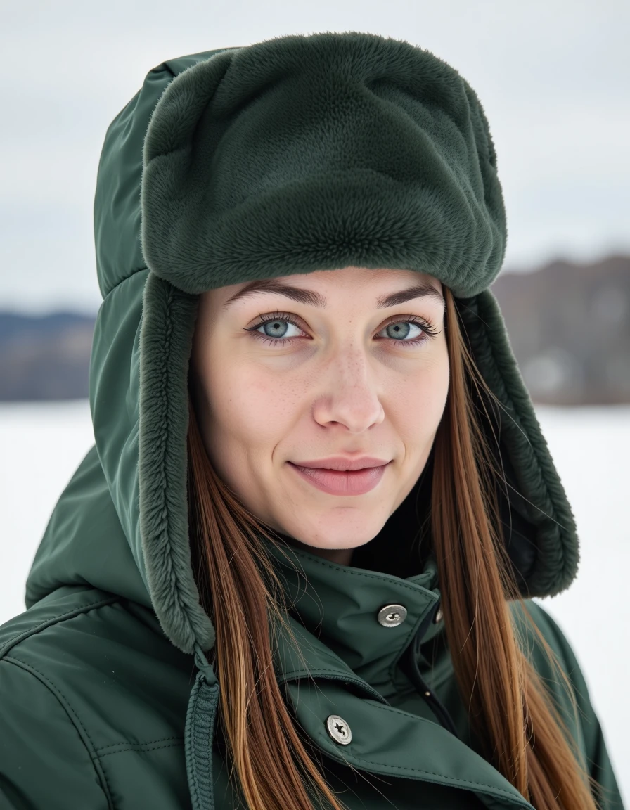 (high definition), (cinematic) photo of  a woman wearing a plain green ushanka with flaps down, snowy background, blue eyes,  highly detailed face and eyes, <lora:ushanka:1>