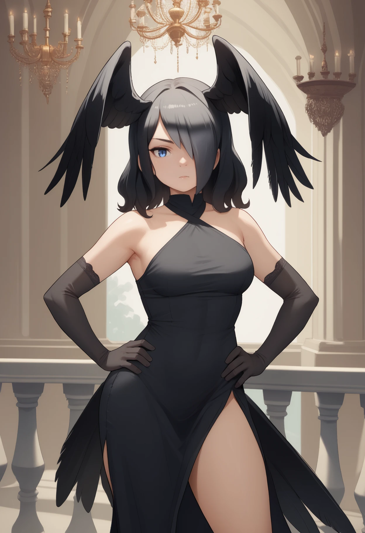 score_9, score_8_up, score_7_up, source_anime, <break> solo, 1girl, jnglcrw, bird wings, bird tail, closed mouth, looking at you, hand on own hip, multicolored hair, black hair, hair over one eye, head wings, blue eyes, black dress, sleeveless dress, halter dress, criss-cross halter, side slit, black gloves, elbow gloves, medium breasts, indoors, column, balcony, chandelier
<segment:yolo-face_yolov8m.pt,0.4,0.5//cid=1>