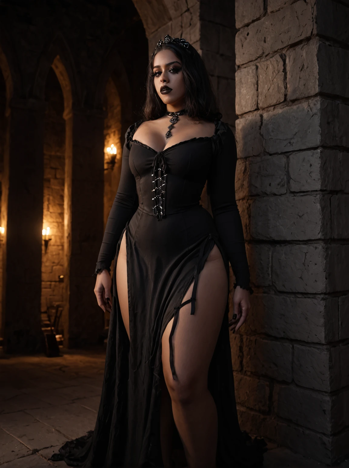 Appearance of horror and darkness, year old woman, big tits, dressed as a black cleric {sensual cleavage}, in the middle of a castle, postura imponente, full body shot