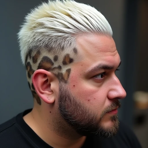 mimicking the appearance of a leopard's skin, platinum blonde buzz cut on the top and sides, with a small mole visible on his cheek. He has a prominent beard with a well-defined shape, sleek style, The image is a photograph showcasing a close-up view of a person's head and upper shoulders. The subject is a male with a shaved head, spiky fringe on top. The hair color is a striking platinum blonde