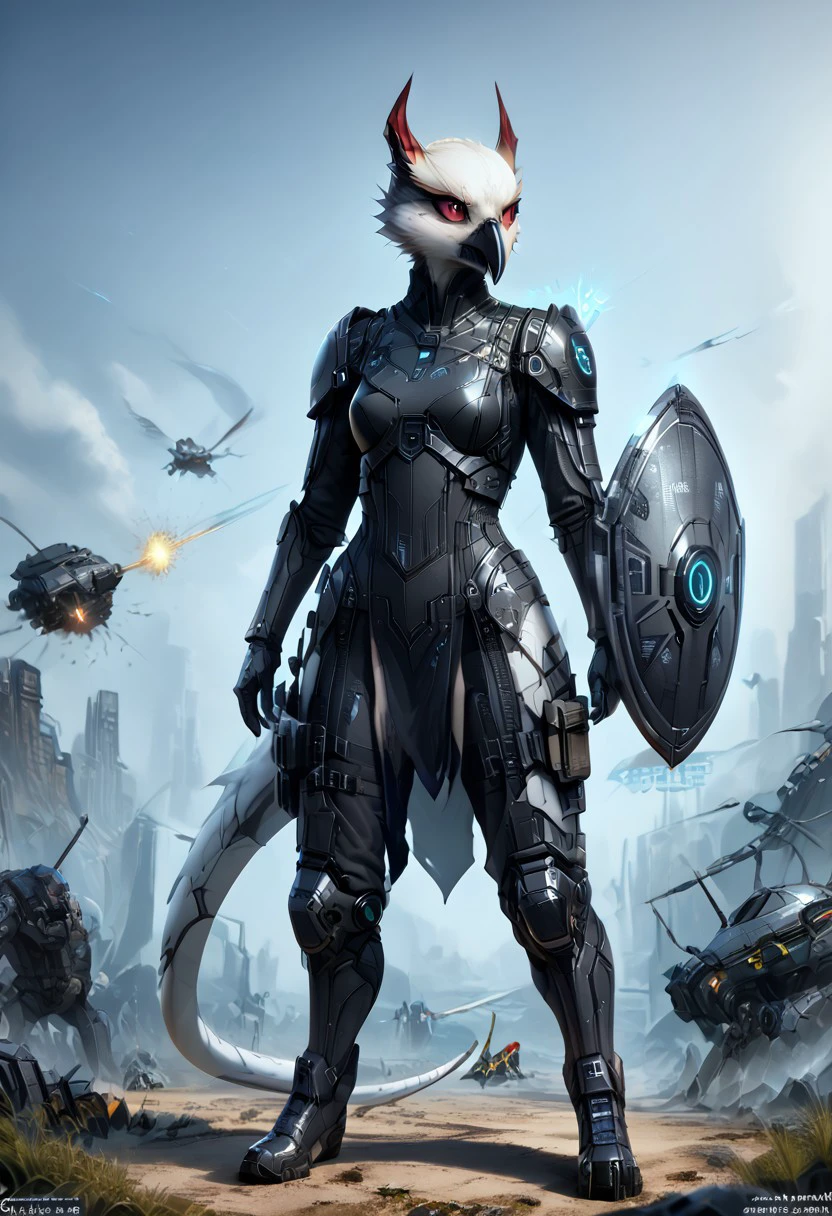 Score_6, Score_7, Score_8, Score_9, score_6_up 
(((Futuristic warrior white female Diddor with short all red horns))), (((she is wearing black:1.5 military armor, she is standing amidst a battlefield, with a holographic shield, explosions and debris freeze mid-air, giving the scene a suspended, otherworldly effect))), (((female red horns))), red horns score_9, female focus, female, 1girl, red eyes, bird-like head, short black beak, digitigrade legs, ((long slender tail with barbed spike tip)), fur, fur texture, feather texture, furry, anthropomorphic, detailed, avian female, slim, white body, fluffy, (((red sclera with black vertical slit pupils))) , high detailed eyes, high definition eyes, good_hands, (((light particles))), golden hour, godrays, one arm extended out, cinematic, forcefield, (((Futuristic holographic rings emitting from around shield))), shield on arm, fire, explosions, sparks, ((dynamic pose)), (((holding a metal sign with the text: "donate some buzz", English text score_9)))