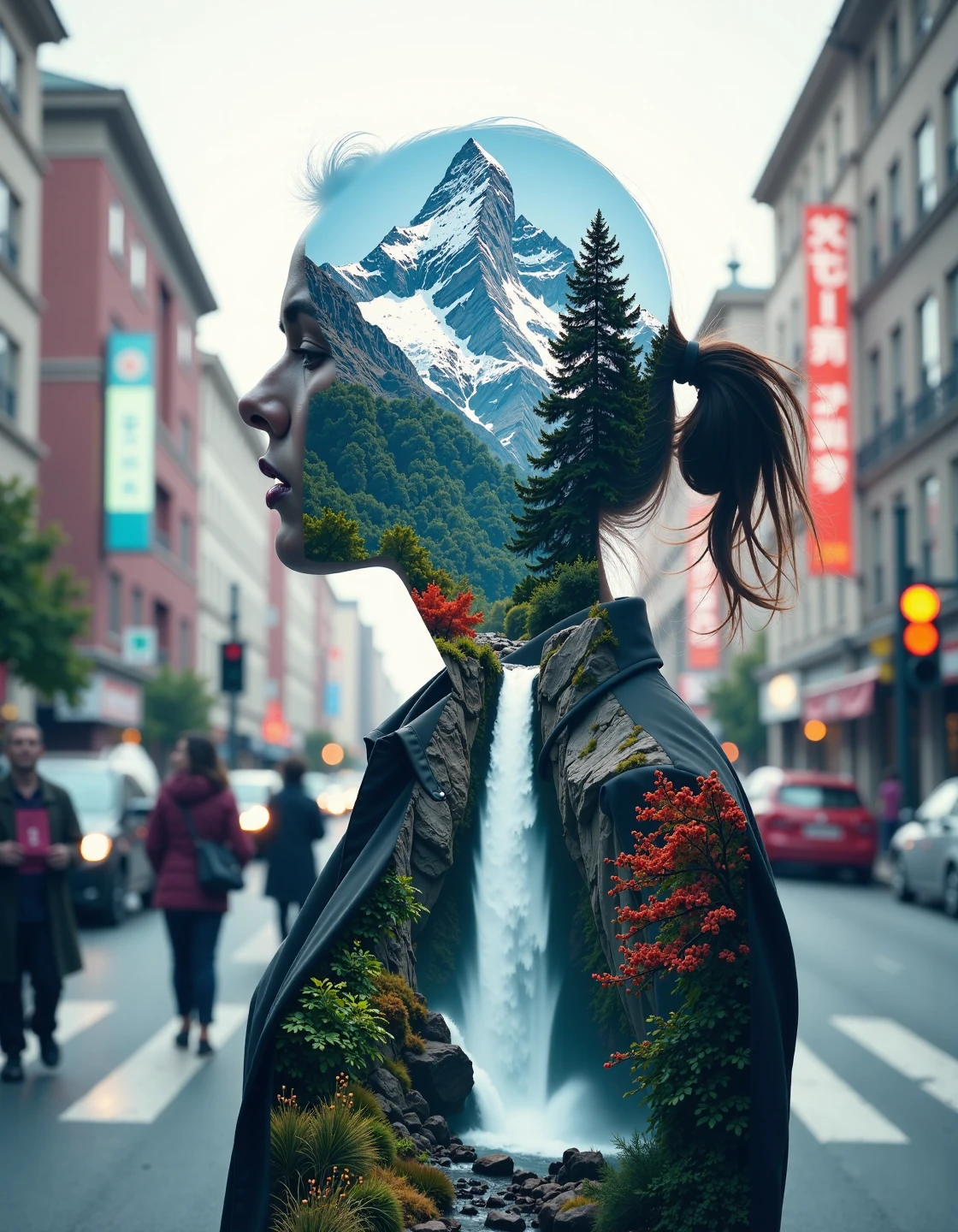 Jeddblexpsre,double exposure, A bustling street scene with skyscrapers in the background and a personâs silhouette filled with images of a serene mountain range and waterfall, symbolizing the escape into nature amidst urban chaos,<lora:Flux DoubleExposure_epoch_1:1>,