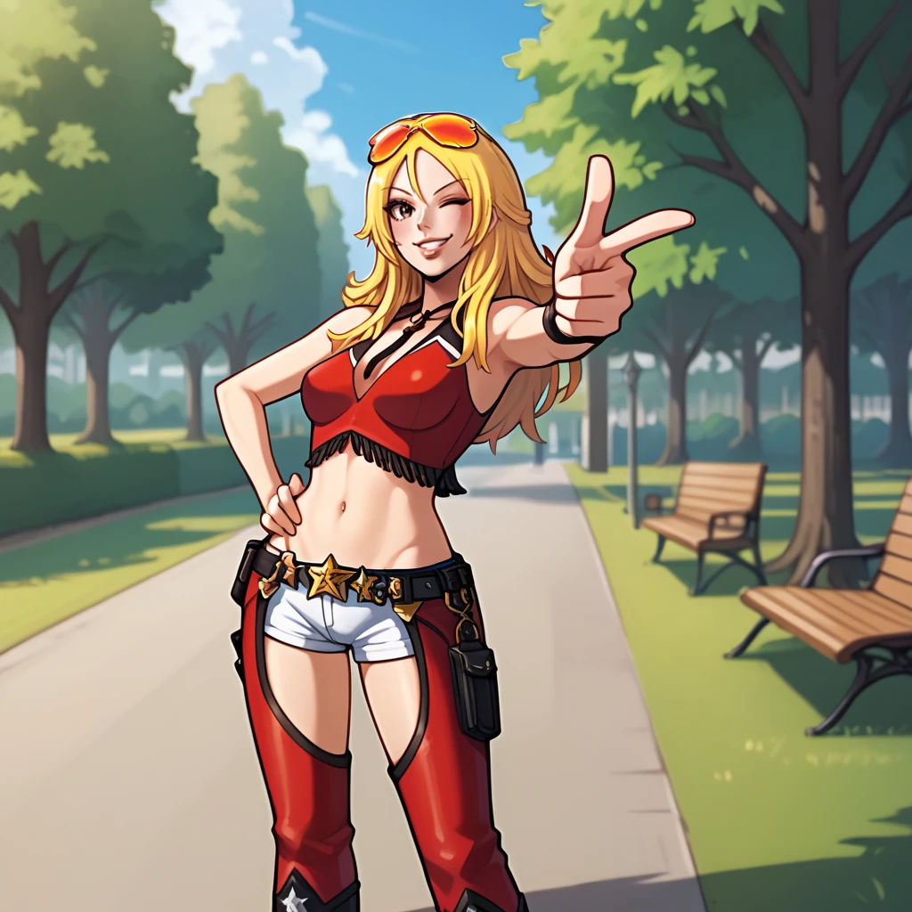 score_9, score_8_up, score_7_up, 1girl, solo, uncensored, agentstarr, smile, looking at viewer, one eye closed, winking, finger gun, pointing at viewer, hand on hip, long blonde hair, eyewear on head, orange sunglasses, red sleeveless, crop top, white short shorts, red chaps, black shoes, outdoors, park, tree, grass <lora:AgentStarrXL_v1.0:1>