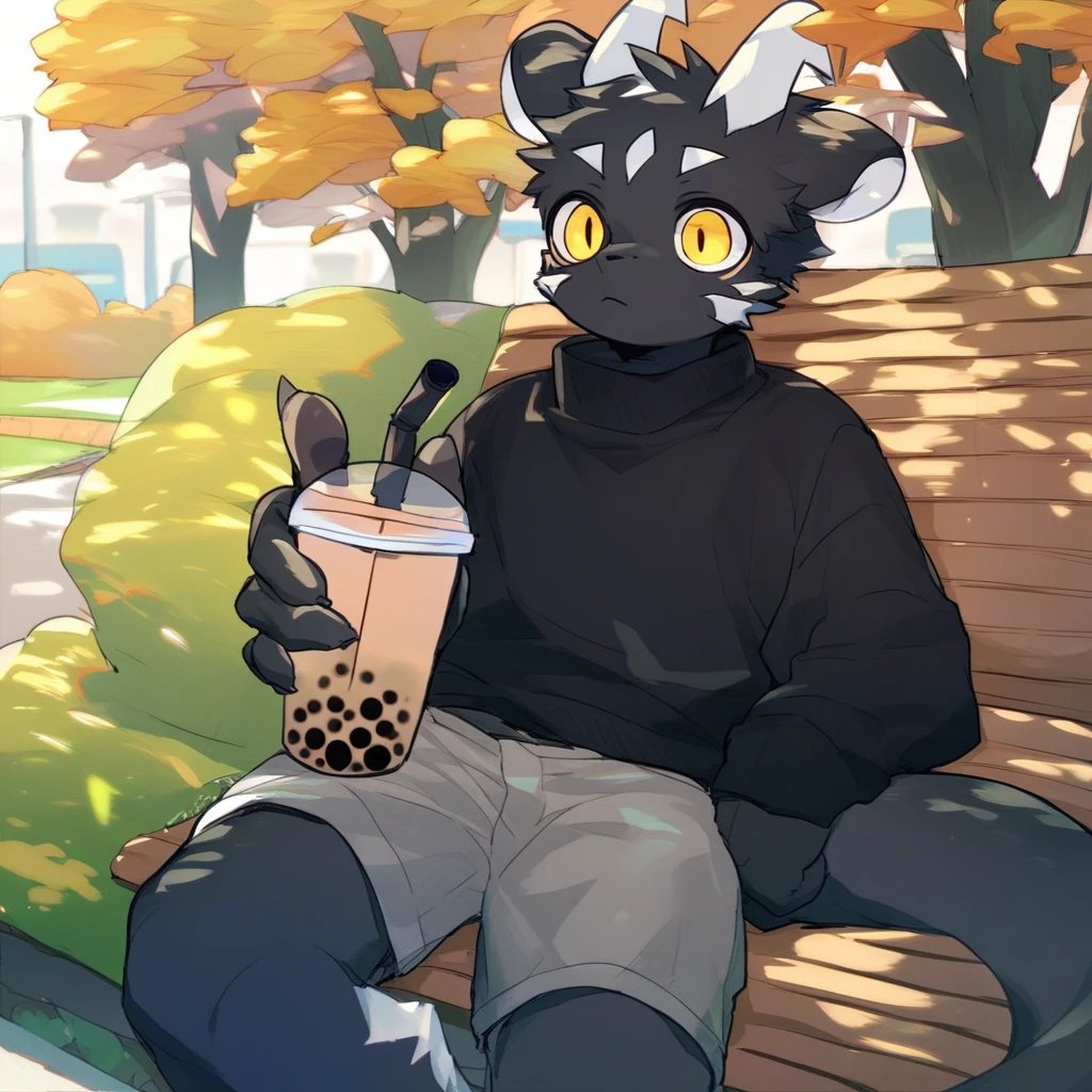 score_9_up, score_8_up, score_7_up, source_furry, mikus-milkytiger, black dragon, black body, white horns, yellow eyes, park, holding, bubble tea, black sweater, gray shorts, 1boy, solo