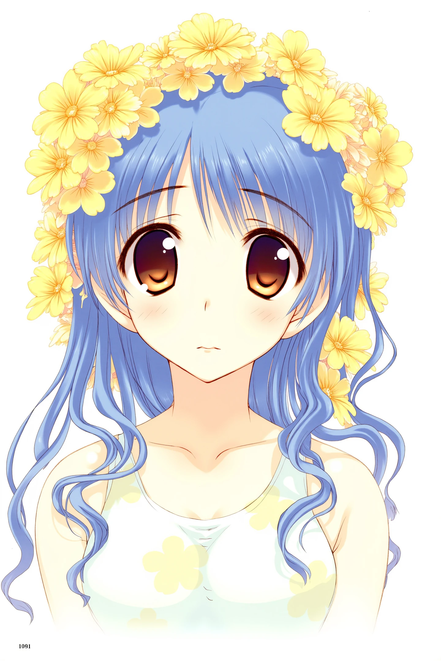 This is a vibrant digital illustration in an anime style,featuring a young woman with large,expressive brown eyes and a delicate,fair complexion. Her long,wavy blue hair cascades around her face,adorned with numerous yellow flowers,creating a striking contrast against her pale skin. The flowers are vividly depicted with detailed petals and centers,adding a touch of natural beauty to the image. She wears a white blouse with a subtle yellow floral pattern,which complements the flowers in her hair. Her expression is serene and slightly melancholic,with her lips slightly parted and a small,innocent smile. The background is plain white,ensuring that the focus remains on her face and the intricate floral arrangement. The illustration is characterized by clean lines and vibrant colors,typical of modern digital anime art. The overall composition is balanced,with the flowers framing her face symmetrically,enhancing the visual impact of the piece.,
<lora:Amaduyu Tatsuki_FLUX:1>,