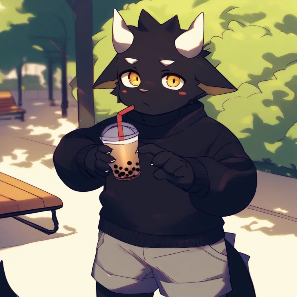 score_9_up, score_8_up, score_7_up, source_furry, mikus-monu__, black dragon, black body, white horns, yellow eyes, park, holding, bubble tea, black sweater, gray shorts, 1boy, solo