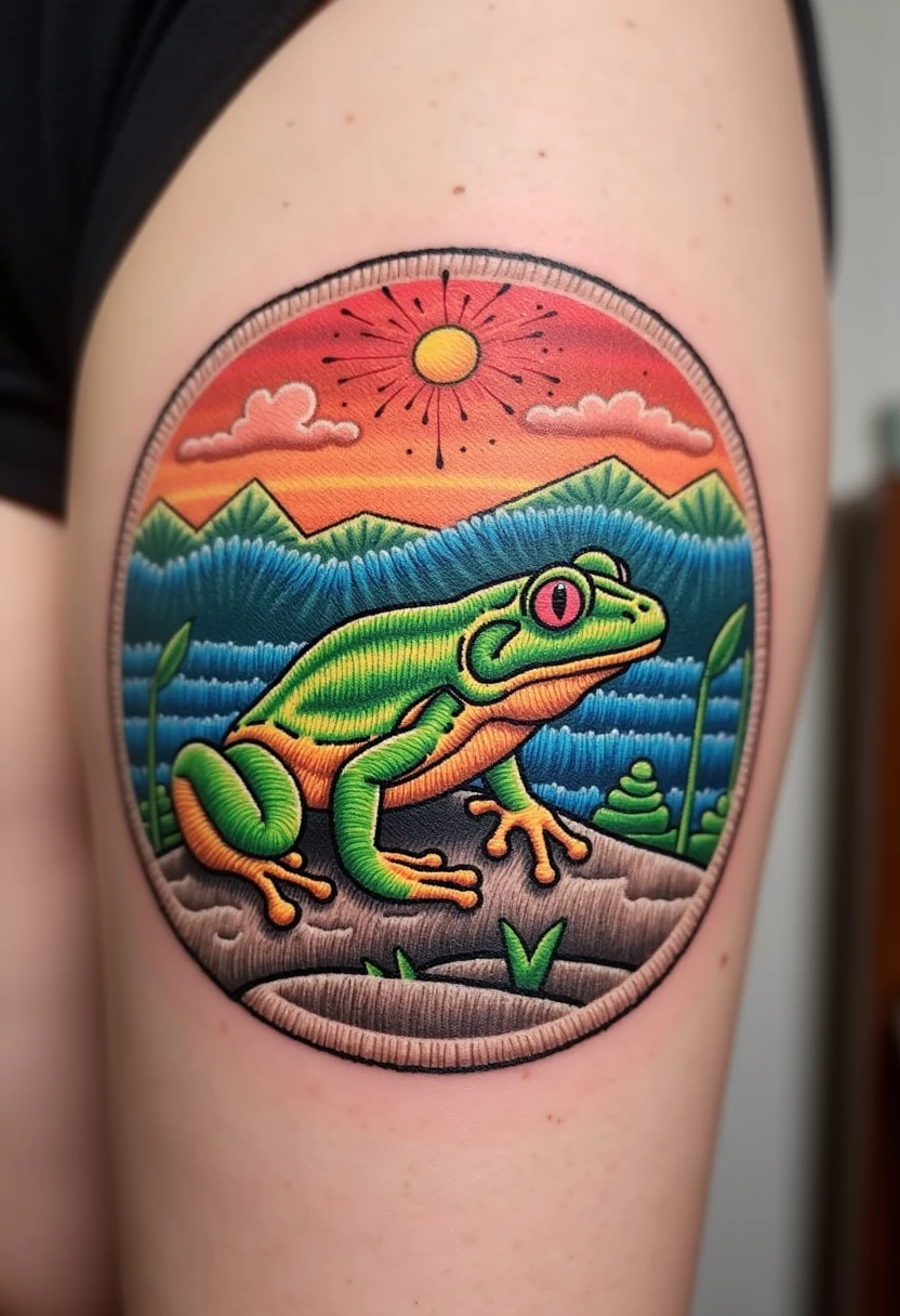 The image is a photograph showcasing a colorful, intricate, and detailed embroidery design tattoo of frog walking in __BV/mythos/landscape__ on a person's skin with no redness around it