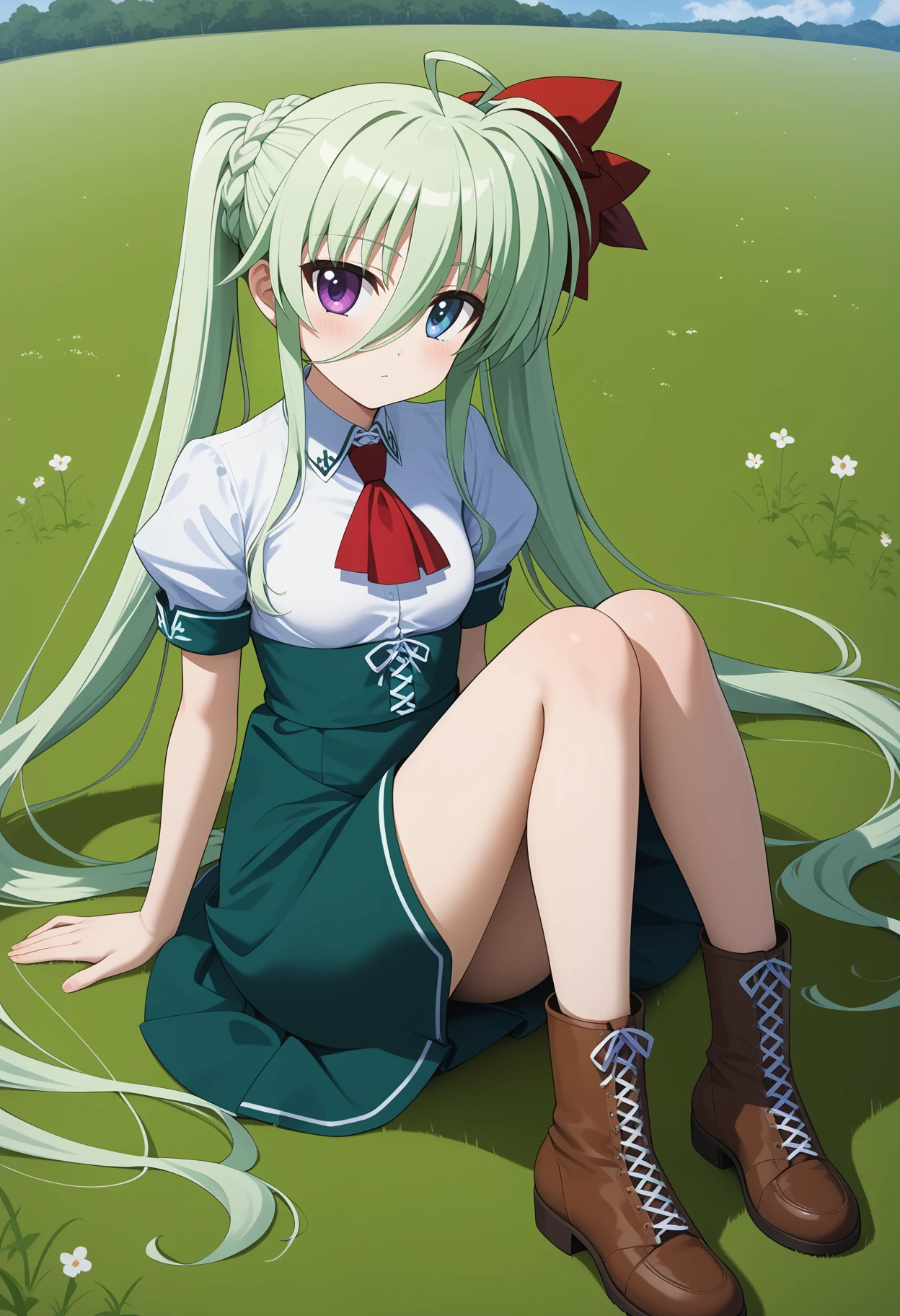 score_9, score_8_up, score_7_up, score_6_up, score_5_up, score_4_up, source_anime, aaeinhard, aged down, long hair, green hair, ahoge, twintails, hair ribbon, heterochromia, small breasts, school uniform, red ascot, white shirt, puffy short sleeves, cross-laced clothes, high-waist skirt, green skirt, <lora:einhard_stratos_ponyxl_v1:0.9>, field, on floor, sitting, boots, cross-laced footwear,