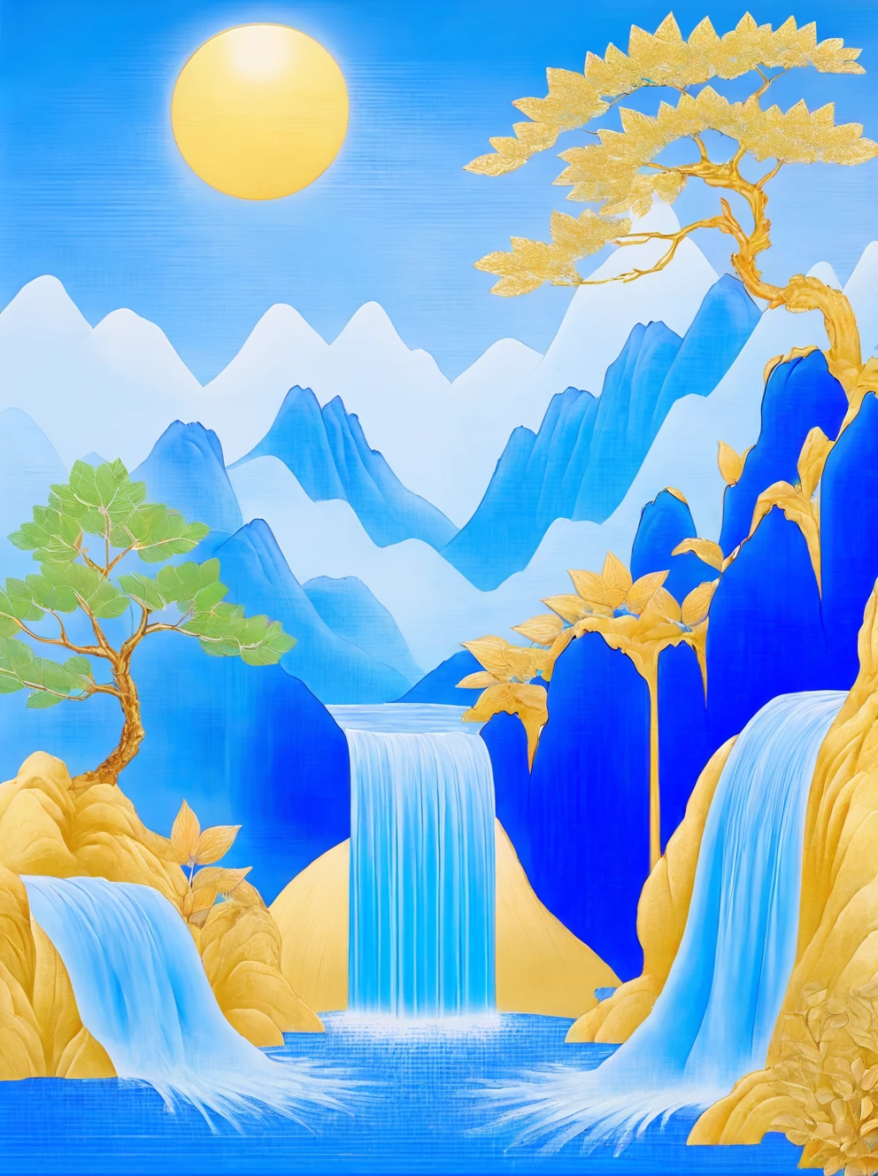 ,zhongf,outdoors,no humans,mountain,scenery,tree,water,blue theme,sky,blue sky,day,waterfall,leaf,sun,<lora:shanlin9:0.8>