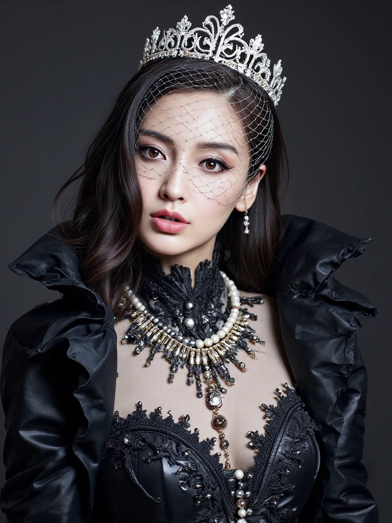 angelababy,
breathtaking masterwork photo, goth woman's ornate latex wedding gown, hybrid vantablack slippery latex material, delicate silver woven inlay, snug webbed silver mesh hairnet/veil/diadem, slightly fetishistic styling
