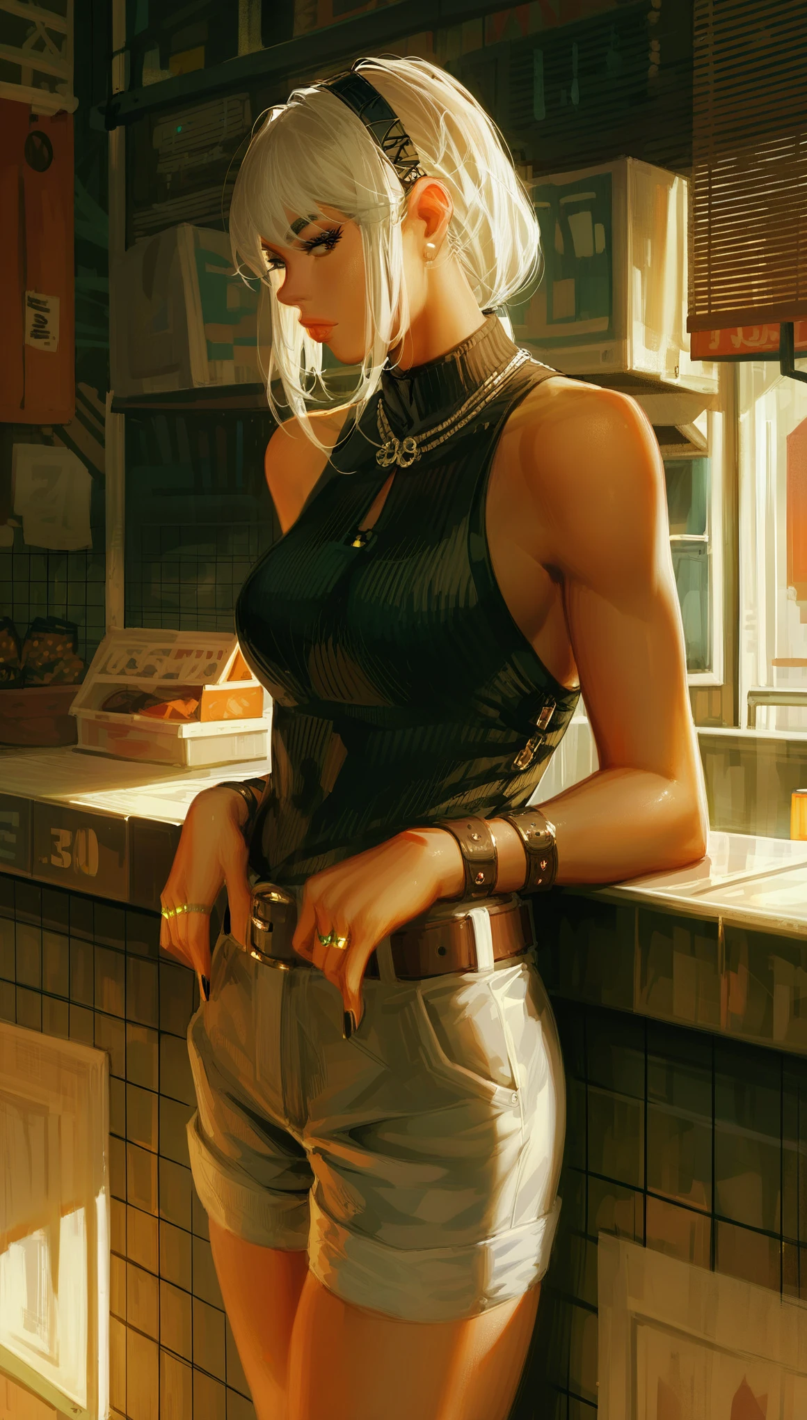 score_9, score_8_up, score_7_up, score_6_up, woman leaning over the counter in an eatery, 1girl, solo, shorts, jewelry , belt, white hair, sleeveless, breasts, ring, sexy