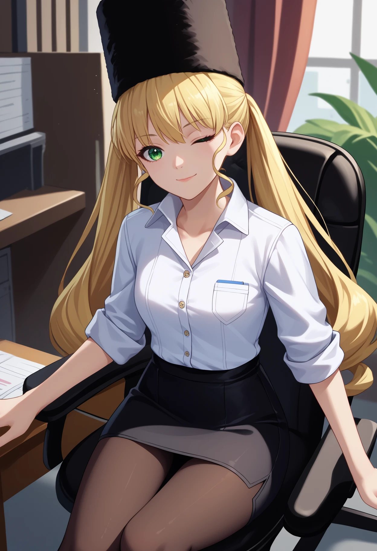 score_9, score_8_up, score_7_up, source_anime, <break> solo, 1girl, mia karnstein, light smile, looking at you, sitting, swivel chair, long hair, blonde hair, twintails, black headwear, fur hat, ushanka, green eyes, one eye closed, white shirt, collared shirt, sleeves rolled up, black skirt, pencil skirt, black pantyhose, indoors, office
<segment:yolo-face_yolov8m.pt,0.4,0.5//cid=1>