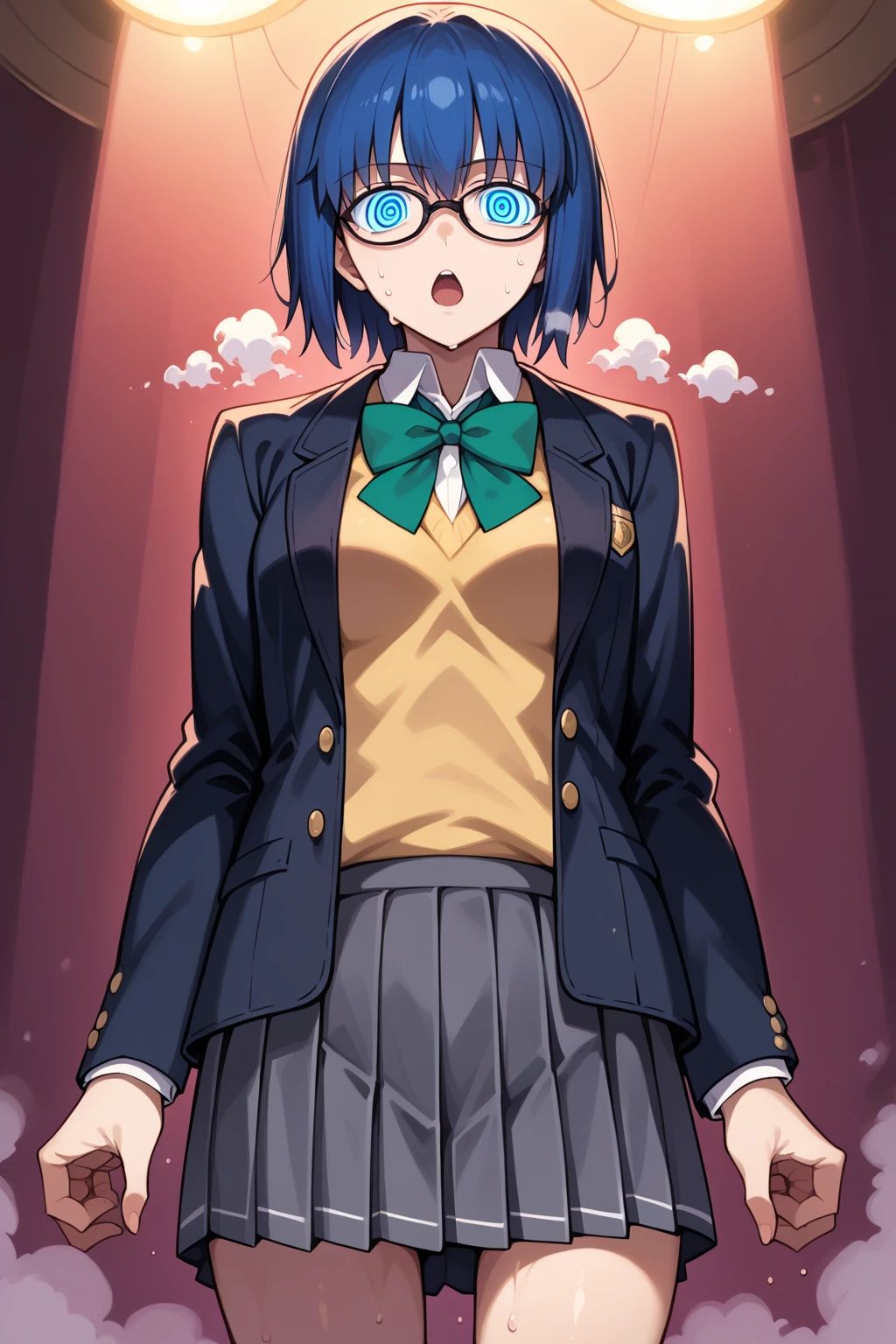 score_9, score_8_up, score_7_up, source_anime,
<lora:Tsukihime_Ciel_Pony:1> ciel, 1girl, short hair, blue hair, blue eyes, solo, breasts, bangs, looking at viewer, open mouth, medium breasts
indoor, stripclub, stage, solo, dutch angle, cowboy shot,shot,shot,hypnosis, blank eyes, mind control, slack expression, 1girl, brainwashing,placid, docile, dazed look,alone,comatose, obedient,
uncensored sweat, steam, midriff, sweaty, wet clothes,
glasses, grey skirt, bow, yellow vest, jacket, school uniform, green bow, skirt, open clothes, shirt, bowtie, open jacket, white shirt, black-framed eyewear, green bowtie, pleated skirt, long sleeves, collared shirt, black jacket, vest,