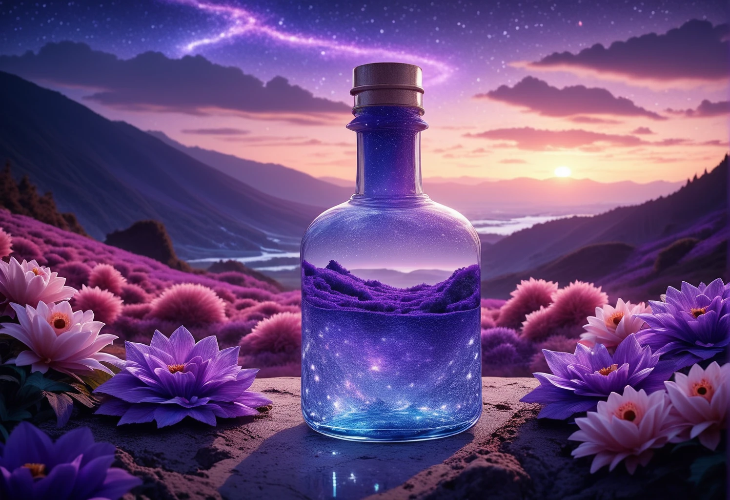 score_9, score_8_up, score_7_up, rating_safe, beautiful scenery nature glass bottle landscape, purple galaxy bottle, flx$tyl3