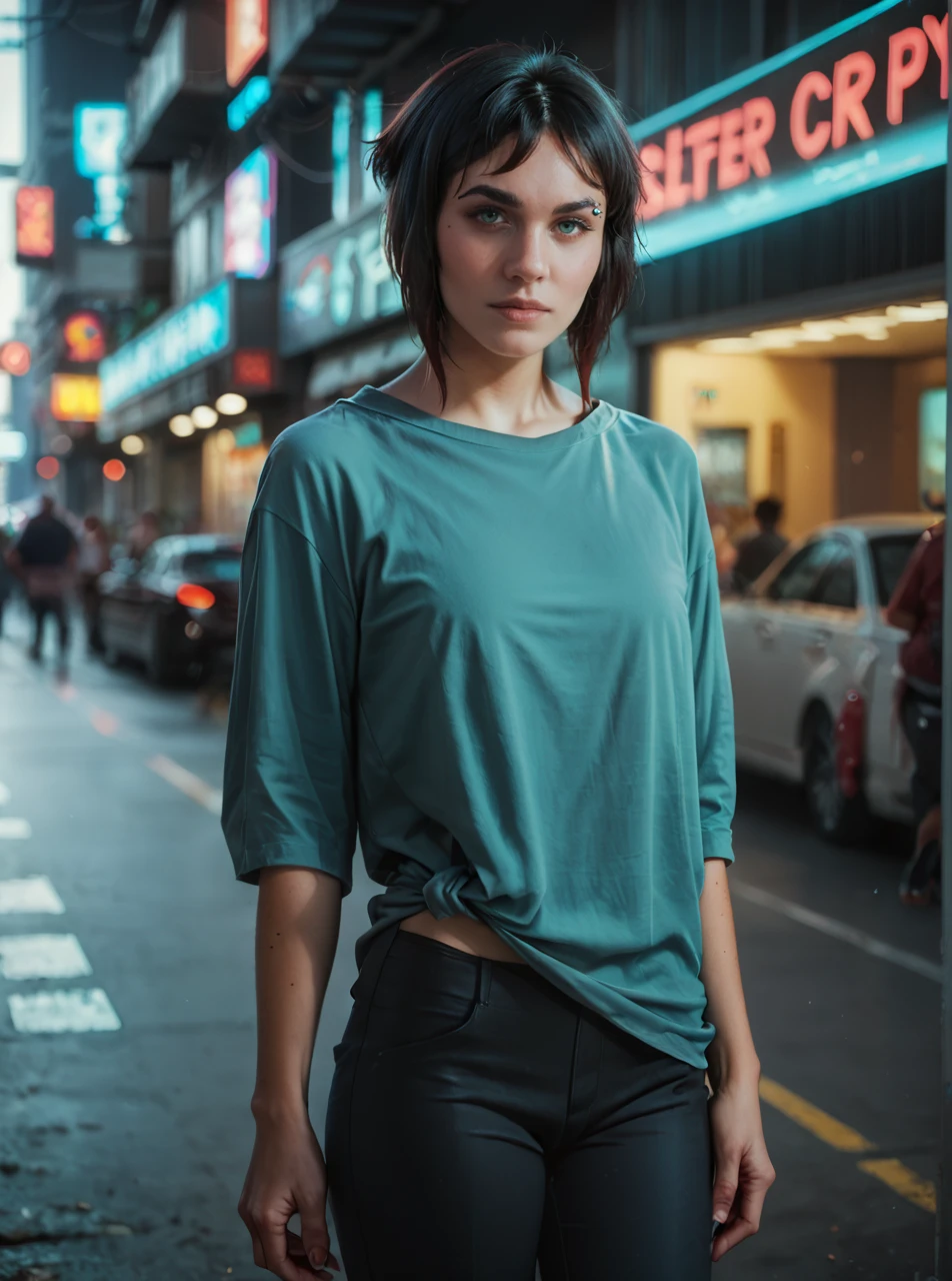 score_9, score_8_up, score_7_up, 1girl, looking at viewer, standing in font of a cyberpunk city, hi-tech, <lora:laurielpxl:0.9>, laurielpxl, photorealistic, best quality, depth of field, eyebrow piercing, outfit, dark top, teal undershirt, black pants, short hair,