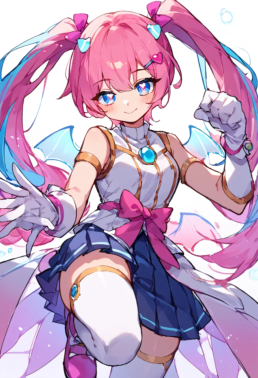 score_9,score_8_up,score_7_up,source_anime,zPDXL3,
*//*,<lora:Angelic_Buster-v1.0:1.1>,ab_remaster,1girl,pink hair,(multicolored hair,blue hair,:1.1)long hair,blue eyes,twintails,white gloves,sleeveless,white thighhighs,wings,pleated skirt,bangs,symbol-shaped pupils,heart-shaped pupils,hairclip,pink bow,pink footwear,
*//*,looking at viewer,cowboy shot,dutch angle,dynamic pose,