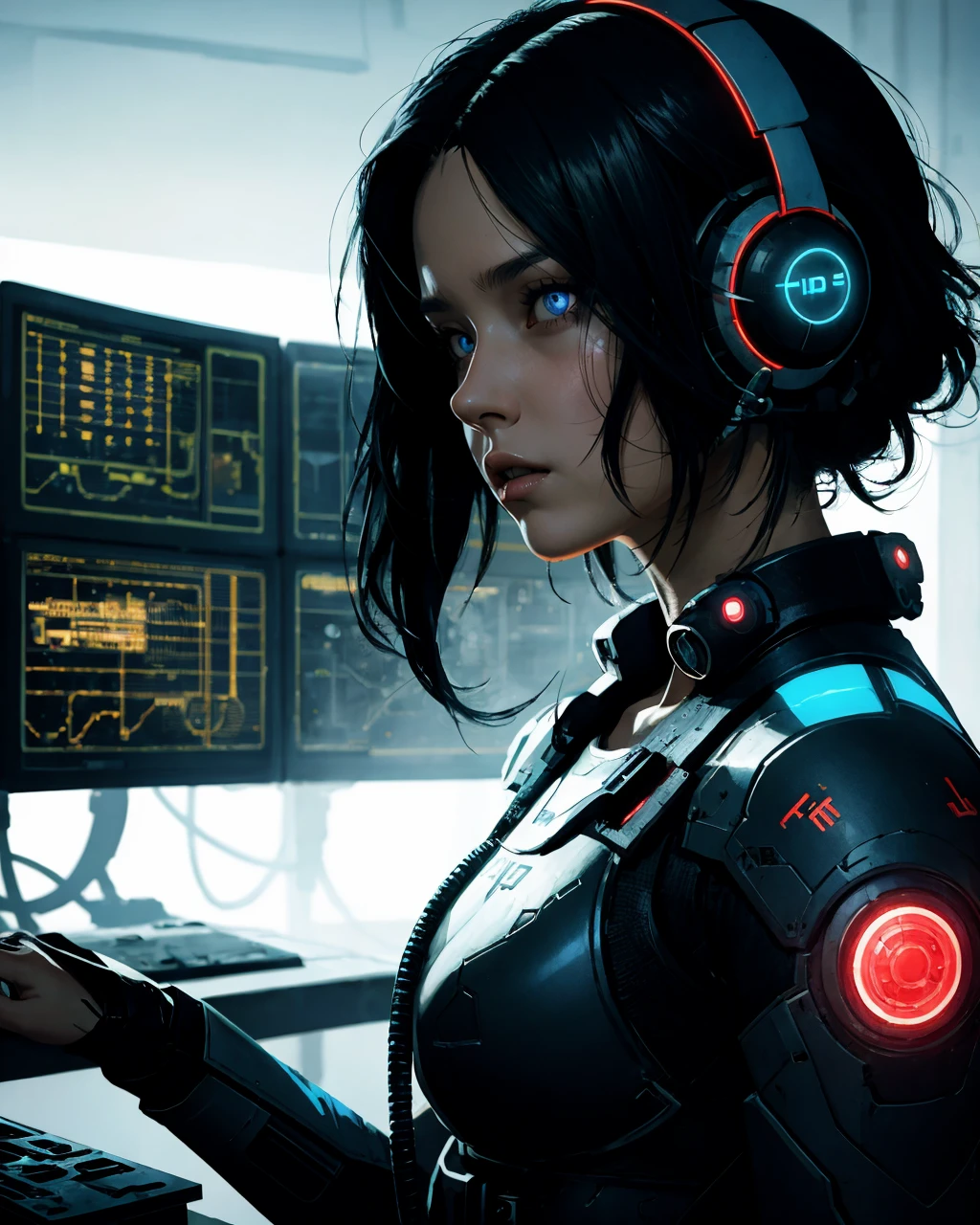 digital illustration,Yoji Shinkawa,Greg Rutkowski,sci-fi,futuristic control room,female character,black hair,blue eyes,cyberpunk,glowing blue accents,retro-futuristic technology,serious expression,cold lighting,low camera angle,tense atmosphere,high-stakes mission,, ,<lora:GoodHands-vanilla:1.2>,masterpiece, best quality, no default,