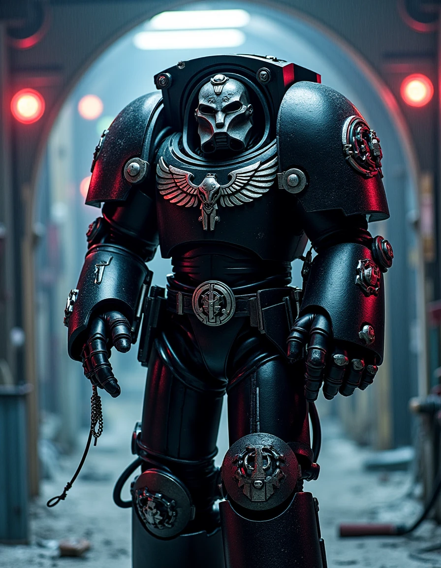 "Imagine a scene in the style of a cyberpunk graphic novel, where an Iron Hands Terminator strides through a cold, metallic environment. His black armor is adorned with mechanical and bionic enhancements, and the iron hand emblem of the Chapter gleams in silver on his shoulder pad. Cables and wires run across his limbs, blending man and machine seamlessly. His armor is a mix of battle-worn iron plates and intricate mechanical upgrades, and the dark environment is lit by harsh neon lights, emphasizing the ruthless efficiency and cold logic of the Iron Hands as they purge all weakness."