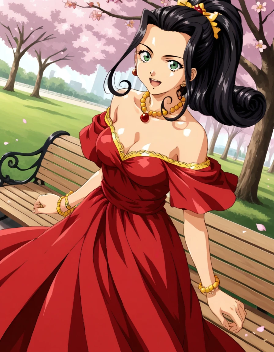 score_9, score_8_up, score_7_up, source_anime, <lora:orihime-soletta-ingame2-ponyxl-lora-nochekaiser:1>, orihime soletta, long hair, medium breasts, black hair, ponytail, green eyes,, dress, cleavage, bare shoulders, jewelry, necklace, red dress, park, cherry blossoms, bench, gentle breeze, peaceful, running, open mouth,, , looking at viewer, smile, solo,, cowboy shot, dutch angle