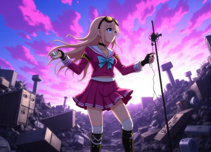 <lora:FLUX_Black_Magic_XL_Style_V2.0-000005:0.7> bmstyle, anime, solo, <lora:Miu_Iruma_Flux:1.1>,     The image is a screencap from the anime Danganronpa The Animation.        Miu Iruma wearing her uniform from Danganronpa V3. Miu Iruma has waist-length strawberry blonde hair that flows in waves around her back, with two short locks of hair sticking up at the top of her head, sweeping to her right. Her bangs are long and wispy, swept somewhat to her left. She has ice-blue eyes. Her head accessories consist of a pair of brown goggles with gold accents. Miu wears a modified, long-sleeved, dark pink seifuku uniform with a white sailor collar and sleeve cuffs, both striped with a single faded pale blue line, a faded pale blue bow tied at her collar. Her chest cover is noticeably missing, her cleavage exposed. A crest can be found in black printed at the shoulders of her sleeves. She wears a short, dark pink pleated skirt the same color as her uniform, vertically striped off-white knee-high socks, and black heeled boots accented with gold buckles, studs, and buttons. Her accessories include a black choker, two rubber collars that resemble barbed wire, black fingerless gloves studded with silver, a pin of the mouse mascot from Niko Niko Happy on her collar, black straps connected with gold studs wrapping her left upper arm, and black straps studded with gold linked with gold rings around her torso and legs. Her long black boots reach nearly up to her knees.       Miu Iruma is in a chaotic, otherworldly junkyard, filled with piles of discarded technology and scrap metal. She's standing atop a mountain of junk, holding a makeshift antenna aloft, trying to catch a signal on a small, handheld device. The sky above is filled with swirling, neon-colored clouds.