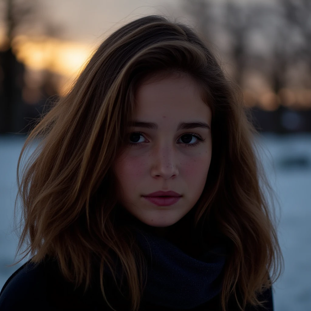 Instagram photo of a woman with freckles on her face in the winter outdoors silhouette illumination of her hair. Taken with a ProPhoto iPhone camera. , <lora:Alba_Baptista_FLUX_v1-000058:1>