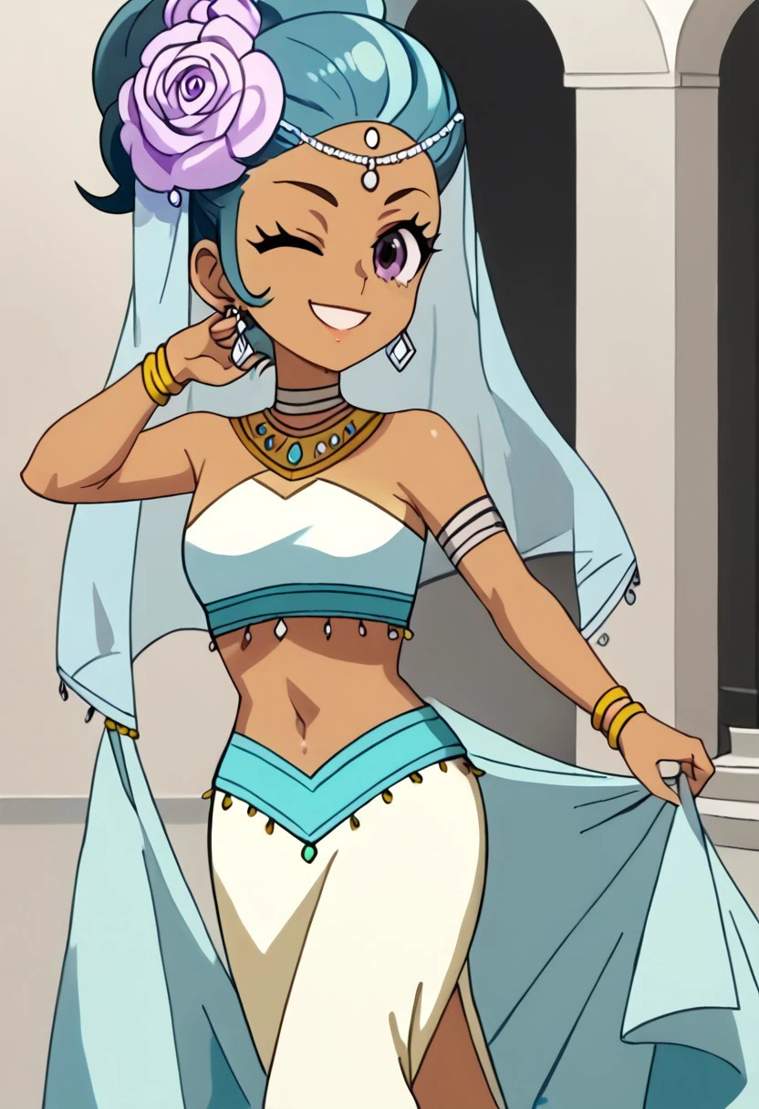 score_4_up, bakugan battle planet, lia venegas, 1girl,solo, jewelry, flower, dark skin, one eye closed, blue hair, dark-skinned female, purple eyes, smile, hair, flower hair ornament, midriff, earrings, bracelet ,veil, navel, arabian clothes, looking at viewer, dancer, dress