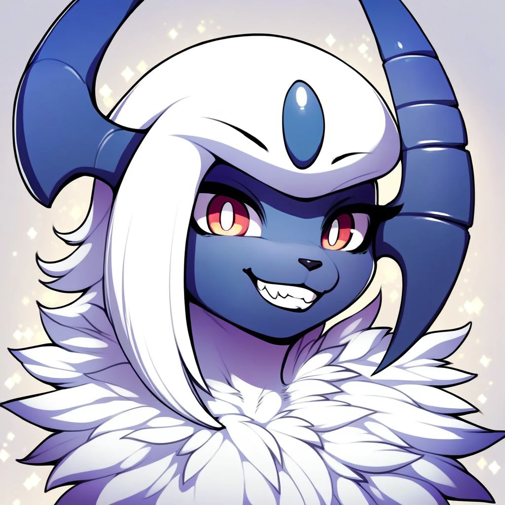 score_9, score_8_up, score_7_up, score_6_up, score_5_up, score_4_up, source_furry, rating_safe BREAK solo, furry, furry female, absol, pokemon (creature), looking at viewer, grin