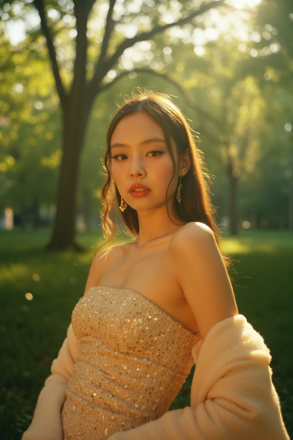 Instagram close up portrait of a young woman J3nn1 shooting for a fashion magazine cover a dreamy expression on her face, wearing a glamorous gown, striking a confident pose soft golden sunlight filtering through lush green trees, creating a magical atmosphere a mix of excitement and determination, the air filled with anticipation Nikon D850, Kodak Portra 400 film, 50mm lens, double exposure technique Wes Anderson, Roger Deakins, Annie Leibovitz, Alexander McQueen