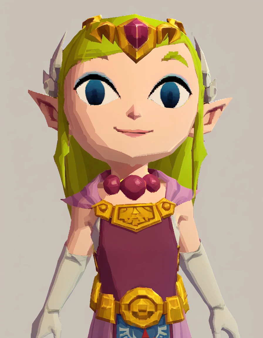 <lora:ToonZelda1.5:1> low poly, ToonZelda, 1girl, solo, blonde hair, tiara, long hair, pointy ears, blue eyes, hair ornament, elbow gloves, pink dress, belt, capelet, 3d, tabard, pearl necklace,smile,simple background,looking at viewer,  score_9, score_8_up, score_7_up, score_6_up, score_5_up, score_4_up