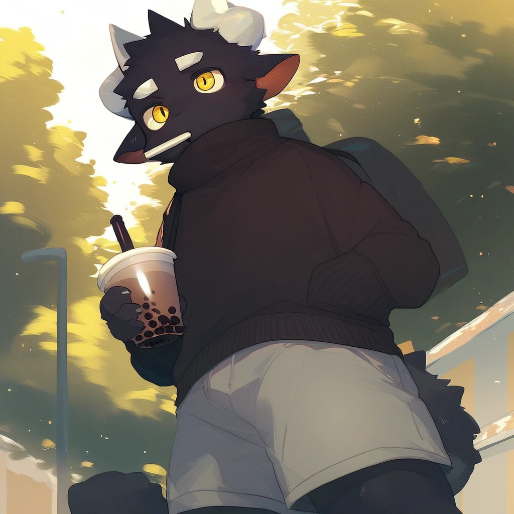 score_9_up, score_8_up, score_7_up, source_furry, mikus-milkytiger, black dragon, black body, white horns, yellow eyes, park, holding, bubble tea, black sweater, gray shorts, 1boy, solo