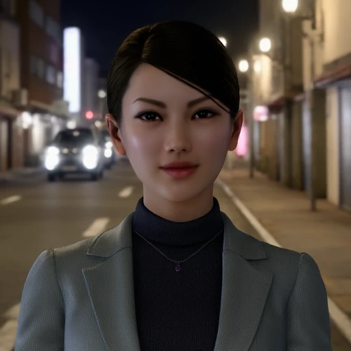 Upper-body photo of Kaoru Sayama. She has bun hairstyle. She is smiling while wearing a necklace, dark turtleneck sweater and grey striped suit. The background implies a Japanese street at night.