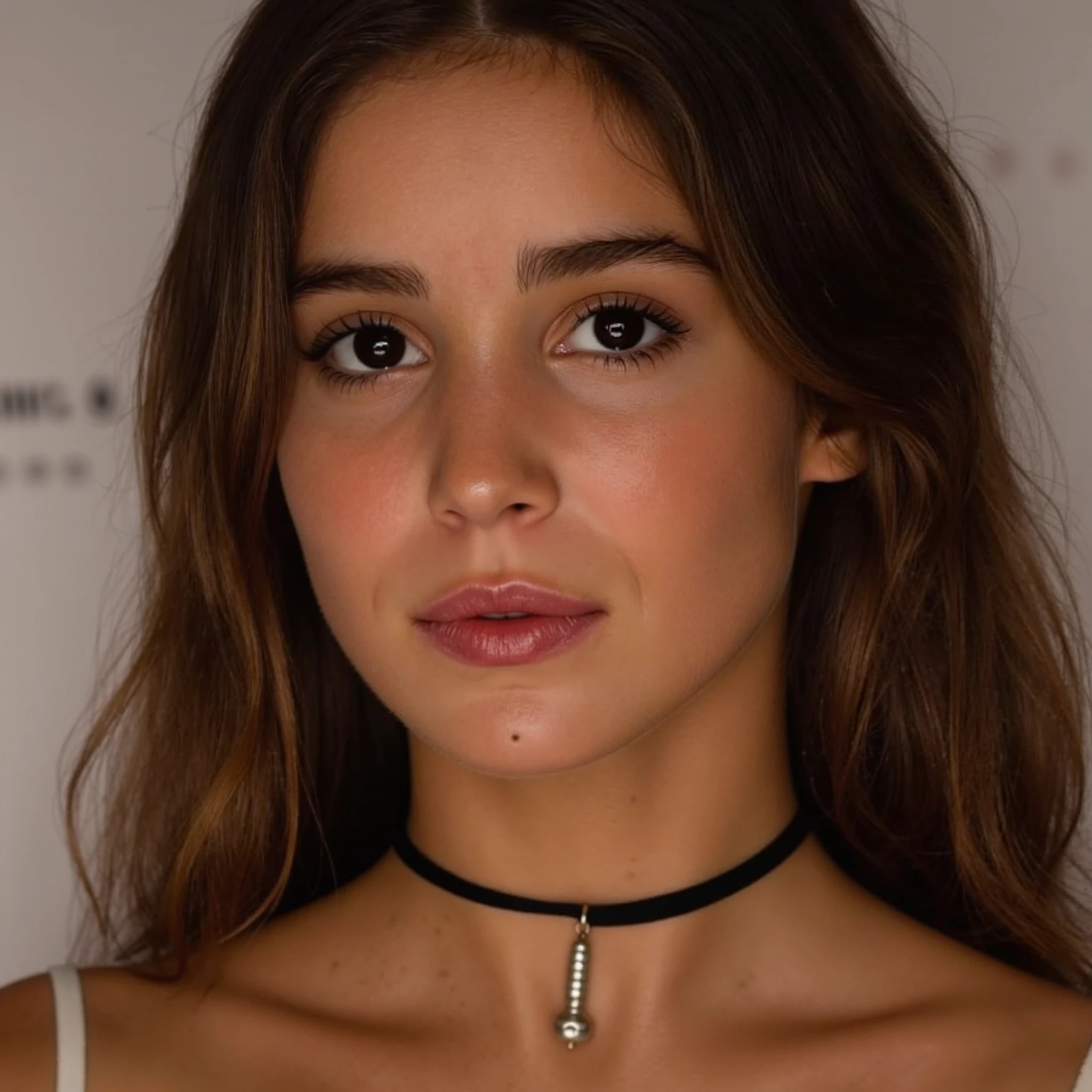 High res waA closeup portrait photo of a woman with subtle eye-linear and eye-shadow to accentuate her eyes with long wavy hair who gazing directly at the camera with a neutral expression. She is wearing a tight thin black choker with a small metal bead attached to the front of it and is wearing a white dress. Spotlight illumination with focus on her eyes.