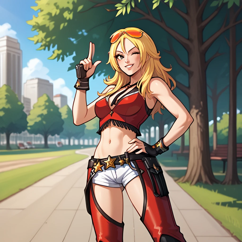 score_9, score_8_up, score_7_up, 1girl, solo, uncensored, agentstarr, smile, looking at viewer, one eye closed, winking, finger gun, pointing at viewer, hand on hip, long blonde hair, eyewear on head, orange sunglasses, red sleeveless, crop top, white short shorts, red chaps, black shoes, outdoors, park, tree, grass <lora:AgentStarrTrainingXL_v1.0:1>