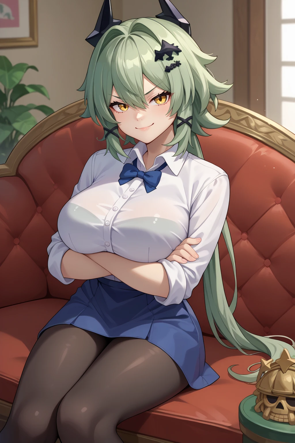 score_9, score_7_up, source_anime, looking at viewer, smug, kgc, large breasts, green hair, yellow eyes, hair intakes, hair between eyes, long hair, low ponytail, x hair ornament, hair ornament, fake horns, collared shirt, sleeves rolled up, miniskirt, black pantyhose, crossed arms, sitting, indoors, <lora:Hoseki_ZenlessZoneZero_CaesarKing_PDXL_v1:0.8>