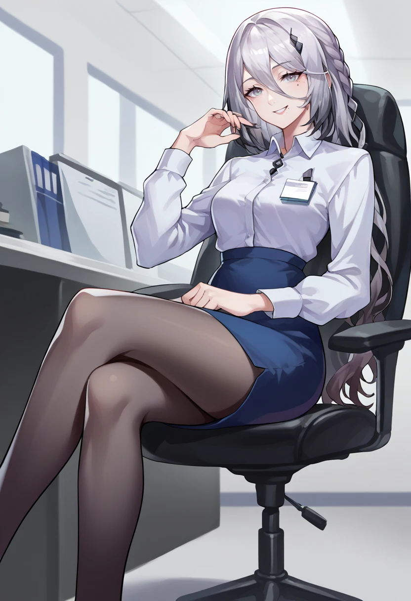 score_9, score_8_up, source_anime, 1girl, solo, SophiaVln, grey eyes, multicolored hair, long hair, braid, mole, indoors, office lady, office chair, sitting, crossed legs, miniskirt, black pantyhose, dress shirt, smile, <lora:ChamSophiaValentinePonyXL:1>