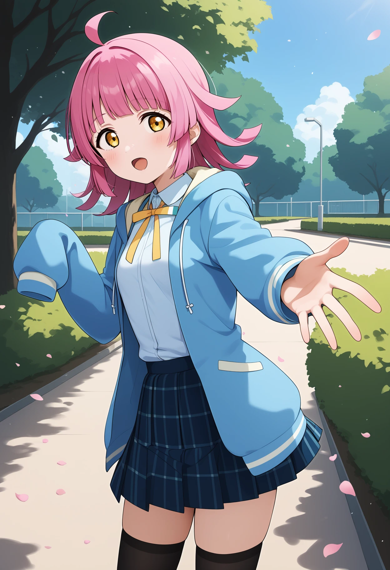 score_9, score_8_up, score_7_up, score_6_up, score_5_up, score_4_up, source_anime, aarina, medium hair, pink hair, ahoge, blunt ends, yellow eyes, small breasts, yellow ribbon, white shirt, hooded jacket, light blue jacket, open jacket, long sleeves, sleeves past wrists, plaid skirt, blue skirt, black thighhighs, <lora:tennoji_rina_ponyxl_v1:0.9>, standing, cowboy shot, outdoors, park, reaching, petals, open mouth,