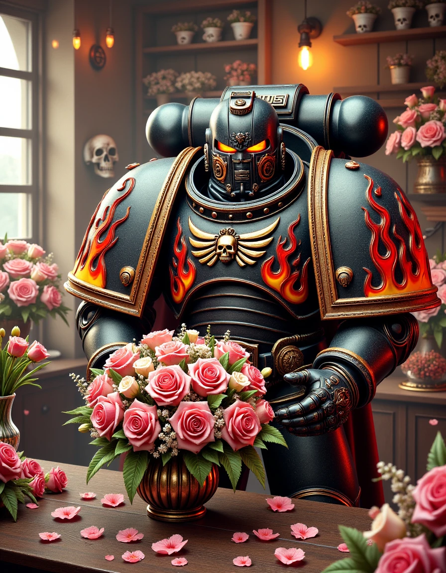 Show a Space Marine as a florist, arranging a beautiful bouquet of roses and lilies. His armor is still adorned with hotrod flames and bones, but he gently places flowers into a vase. Behind him, the shop is filled with neatly arranged bouquets and glowing embers from his armor fall harmlessly on the floor. Render this in a soft pastel, almost romantic style, creating a peaceful and unexpected contrast between the gentle job and his intimidating armor.