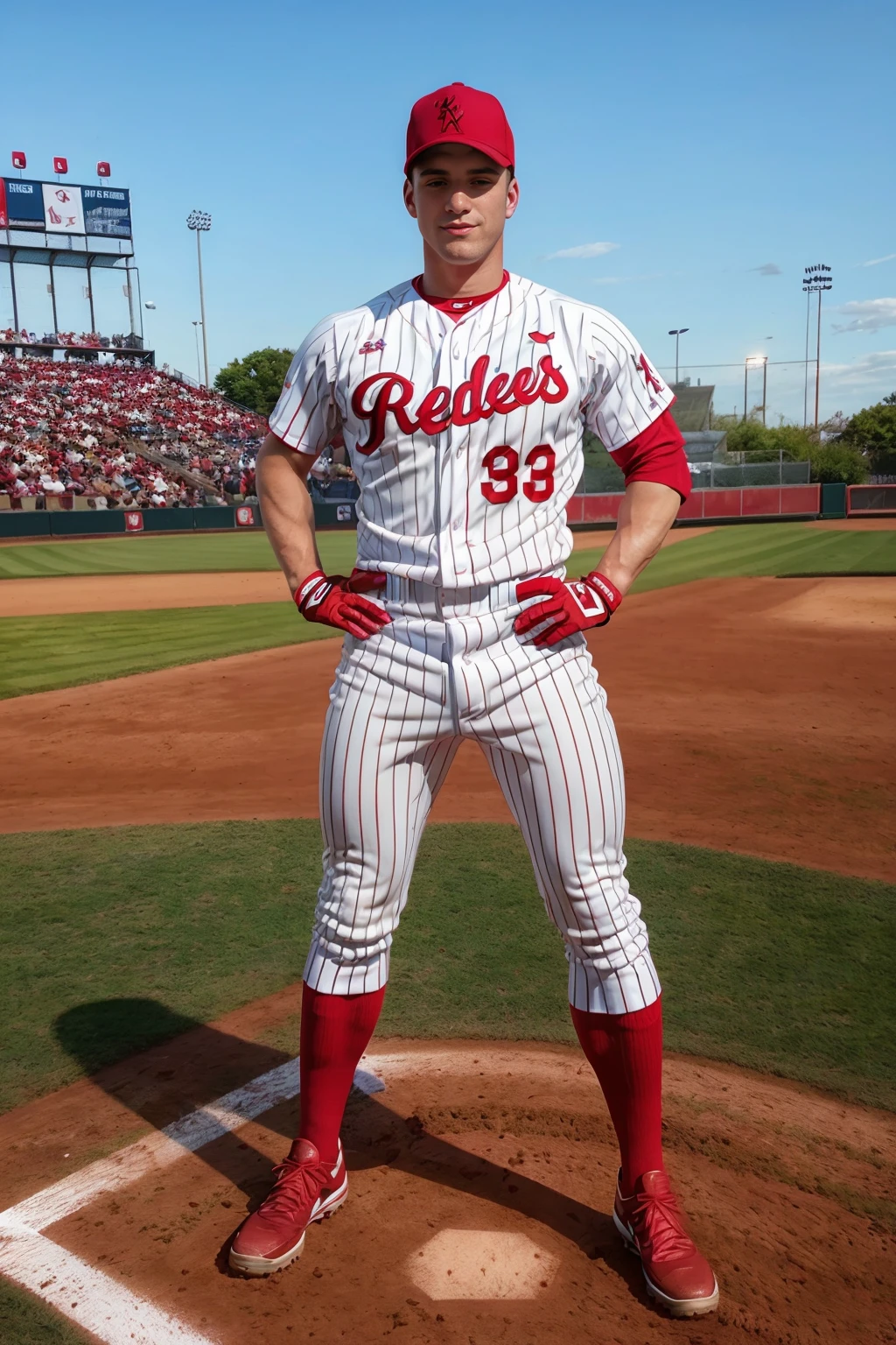 golden hour, blue sky, (baseball field), standing, MaxBarz, slight smile, baseballplayer, (baseball uniform), (white jersey with red pinstripes), wearing red baseball cap, white pants with red pinstripes, red socks, (wearing baseball mitt), (((full body portrait))), wide angle,  <lora:MaxBarz:0.8> <lora:Clothing - Sexy Baseball Player:0.65>