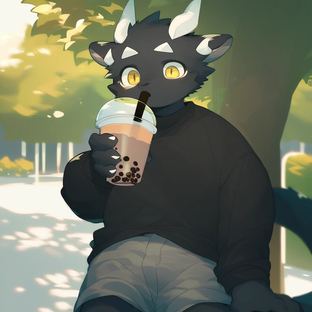 score_9_up, score_8_up, score_7_up, source_furry, mikus-milkytiger, black dragon, black body, white horns, yellow eyes, park, holding, bubble tea, black sweater, gray shorts, 1boy, solo